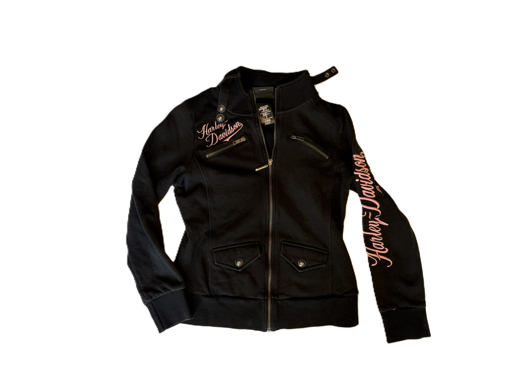 Harley Davidson Zip Up Jacket Black Pink Embroidered Womens Size Small